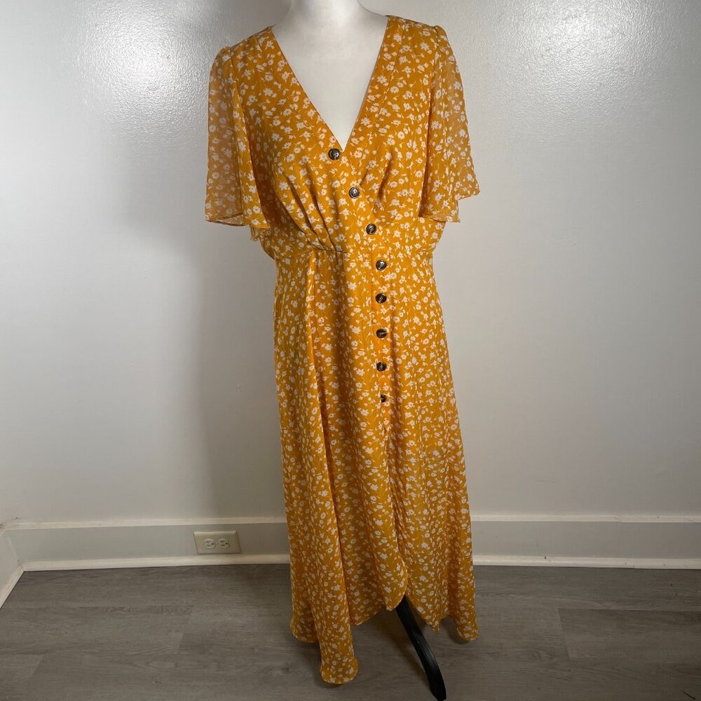 Lulus Midi Dress Women's XL Yellow Floral Print After Bloom Delight Button Front - Picture 2 of 15